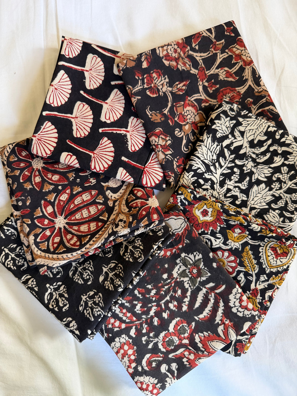 100% Cotton Block Print Fat Quarters – Black, Mustard & Red