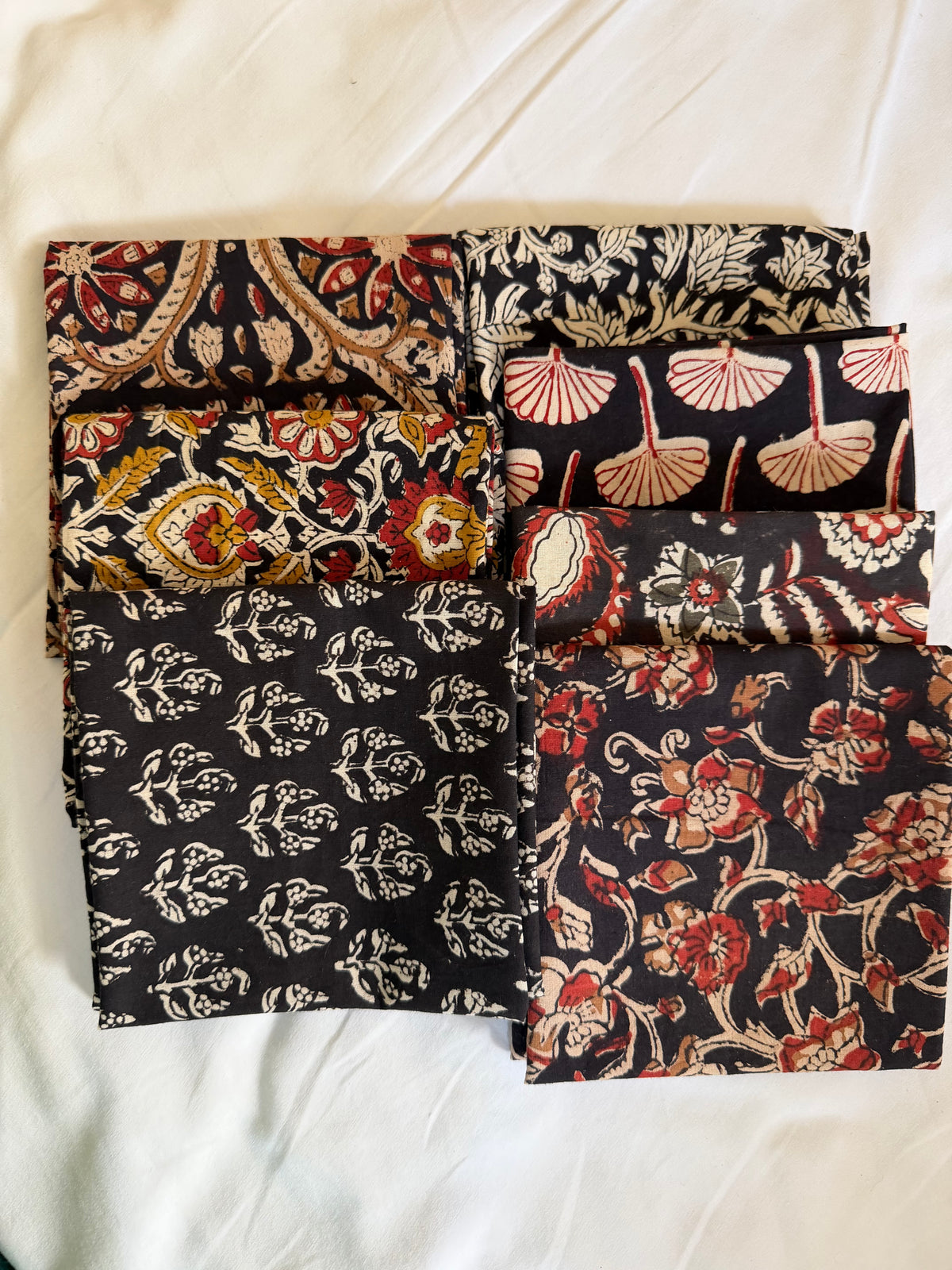 100% Cotton Block Print Fat Quarters – Black, Mustard & Red