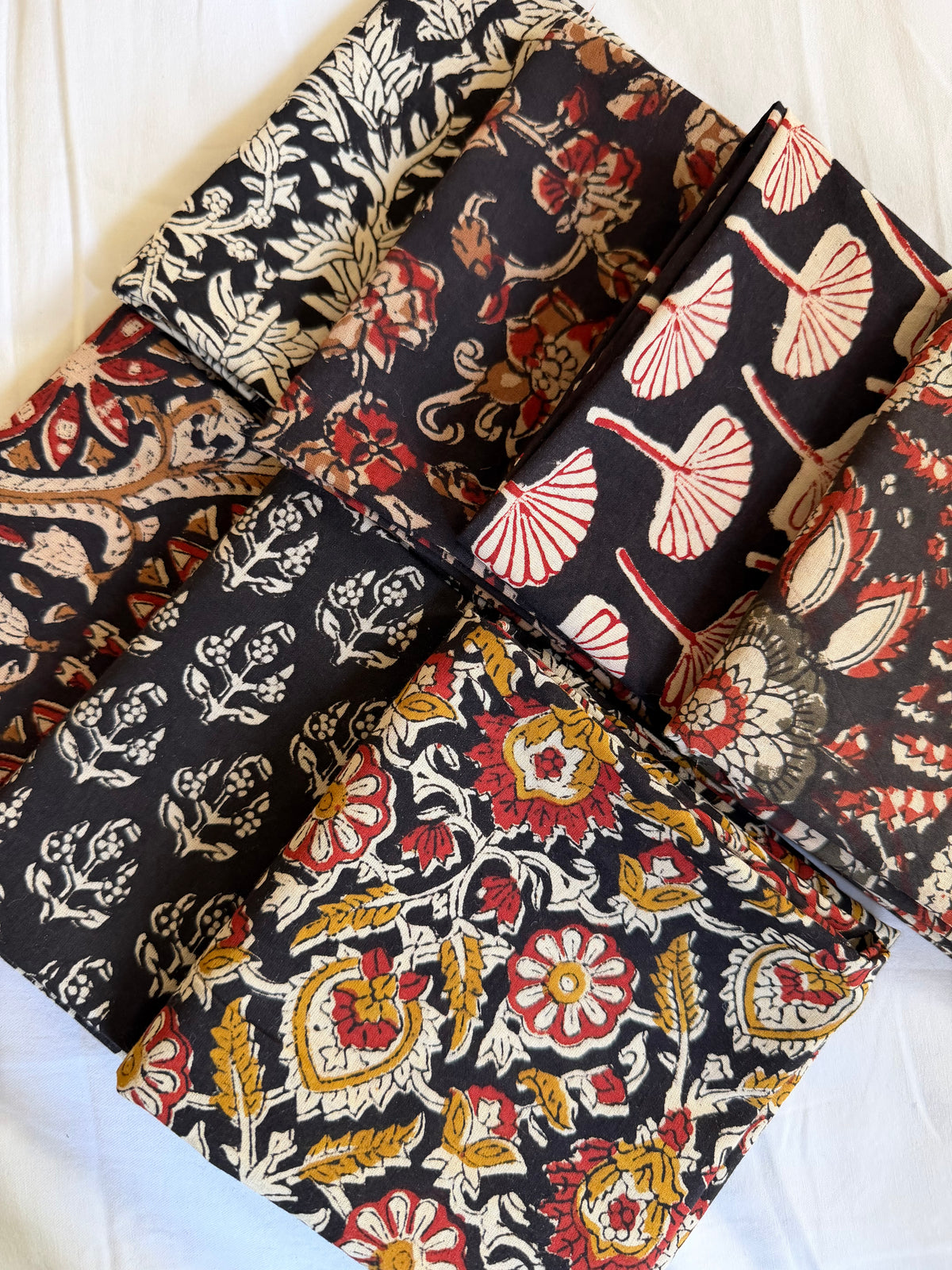 100% Cotton Block Print Fat Quarters – Black, Mustard & Red