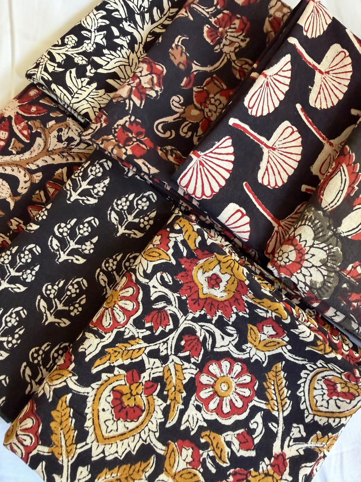 100% Cotton Block Print Fat Quarters – Black, Mustard & Red