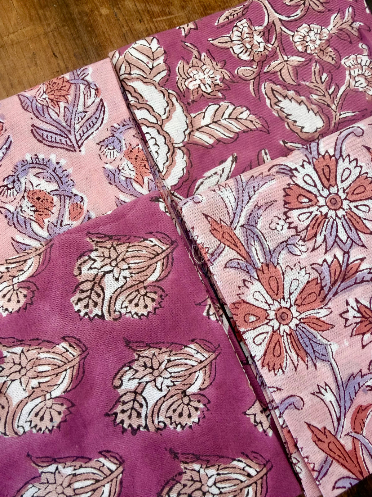 100% Cotton Block Print Fat Quarters – Pink & Mauve