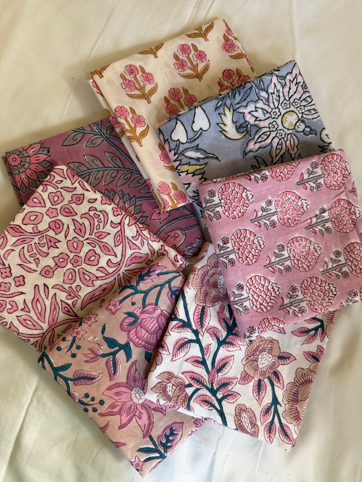 100% Cotton Block Print Fat Quarters – Pink & Mauve Floral