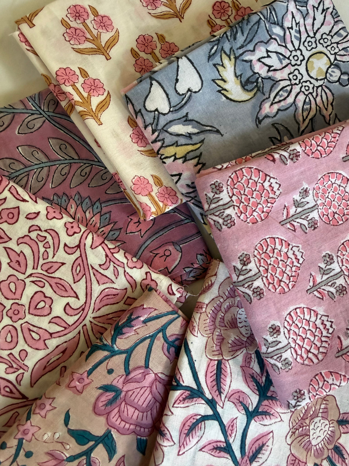 100% Cotton Block Print Fat Quarters – Pink & Mauve Floral