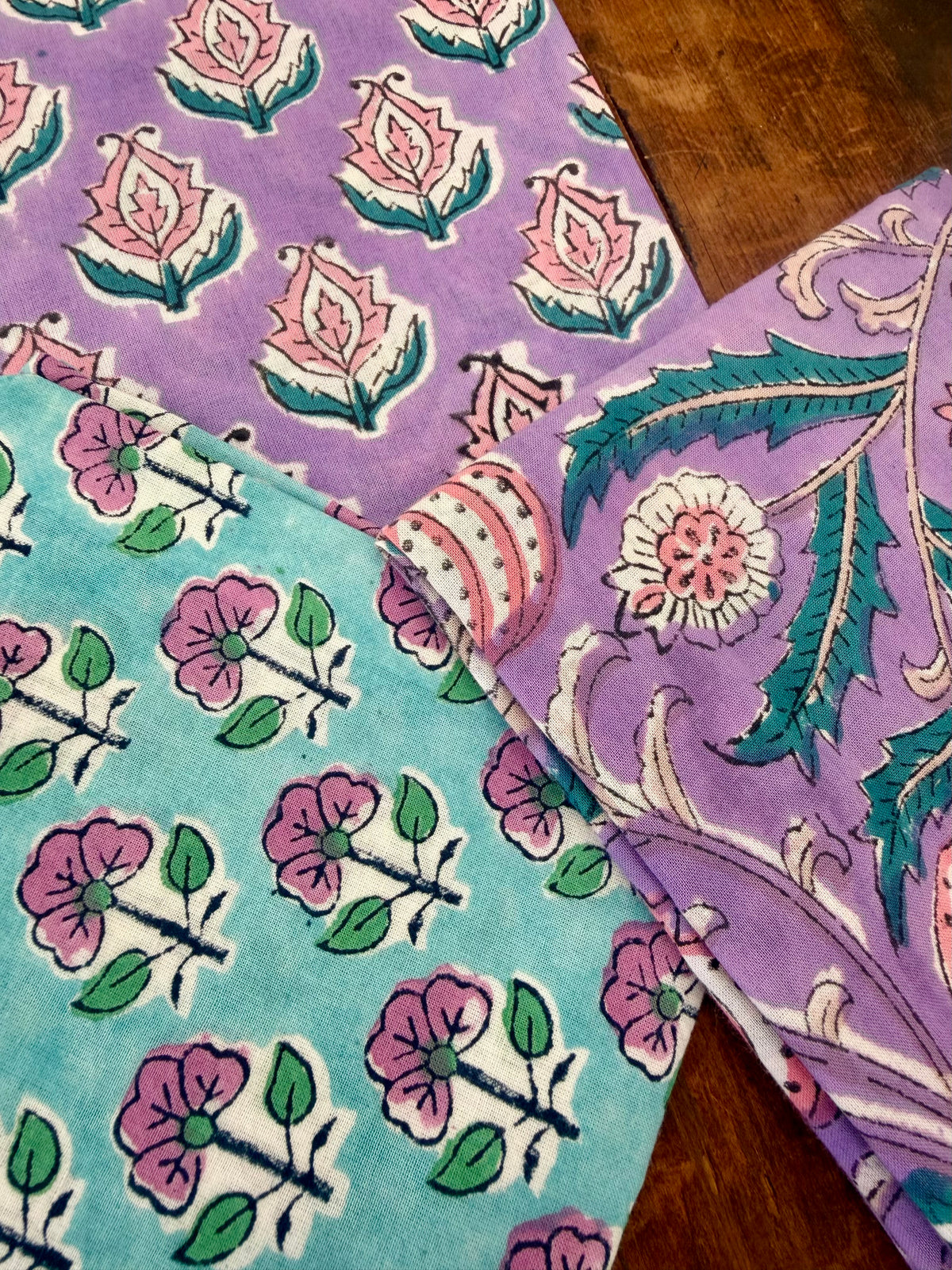 100% Cotton Block Print Fat Quarters – Purple & Turquoise