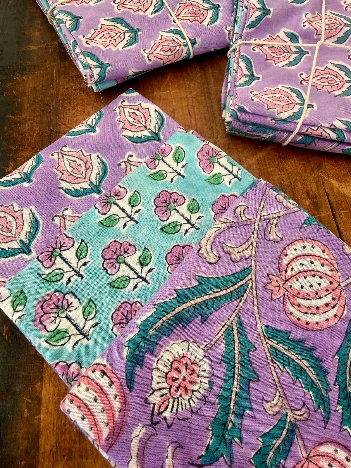 100% Cotton Block Print Fat Quarters – Purple & Turquoise