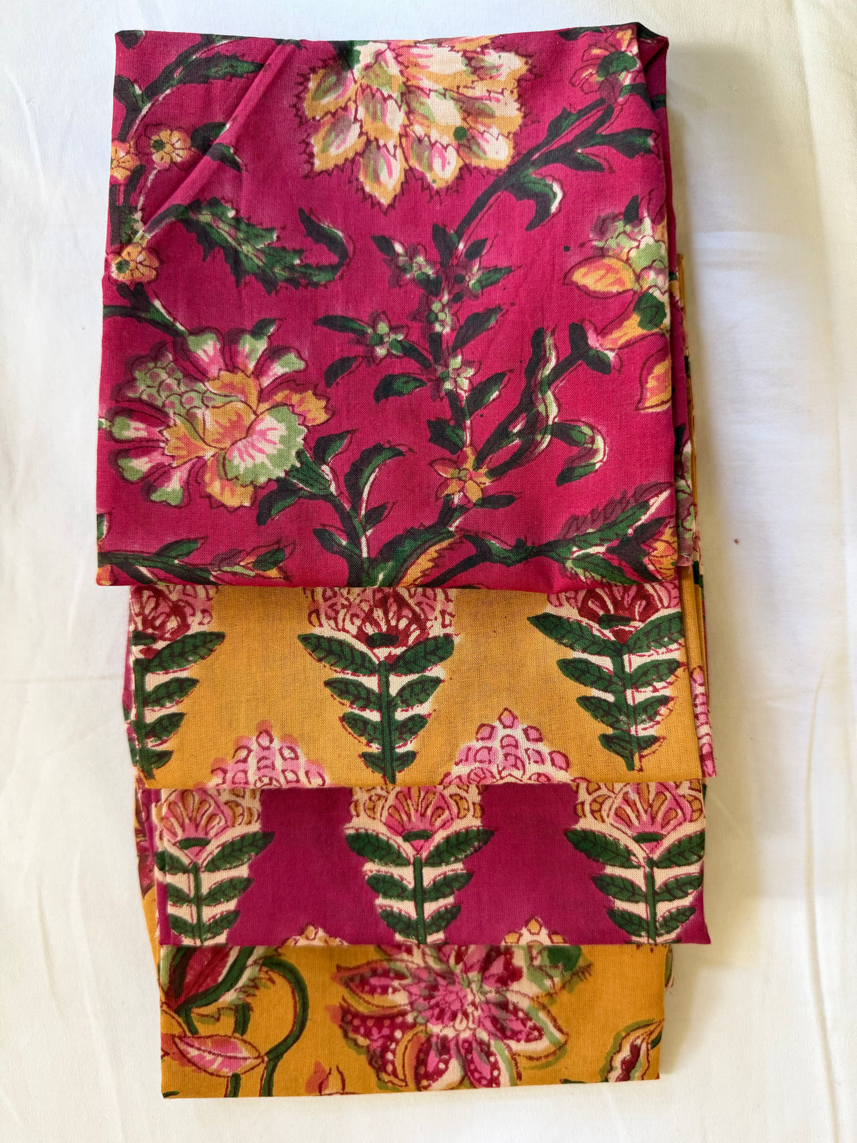 100% Cotton Block Print Fat Quarters – Raspberry Mustard Floral