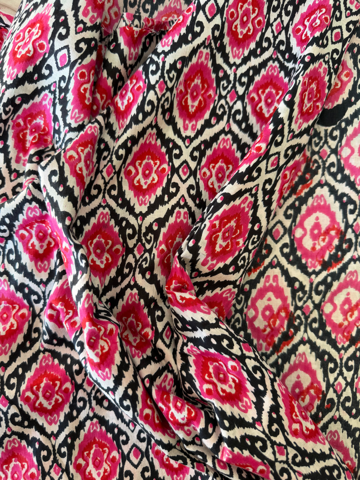 100% Cotton Fabric – Black With Red & Pink Pattern