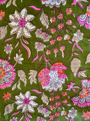 100% Cotton Fabric – Green Floral with Hot Pink