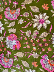 100% Cotton Fabric – Green Floral with Hot Pink