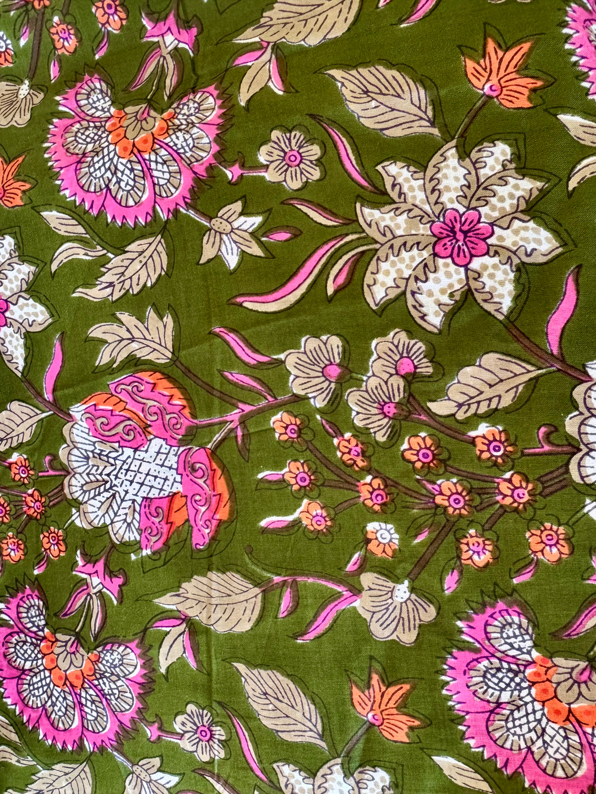 100% Cotton Fabric – Green Floral with Hot Pink