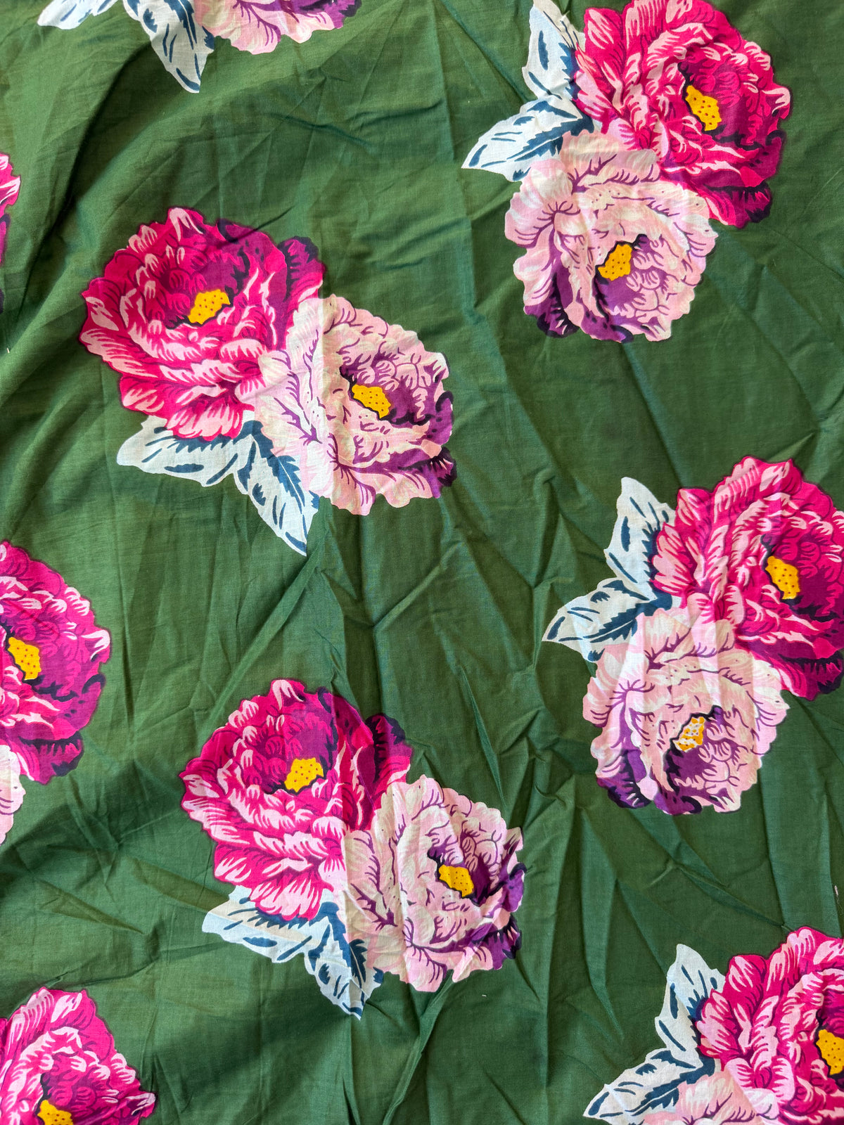 100% Cotton Fabric – Green With Large Pink Flowers