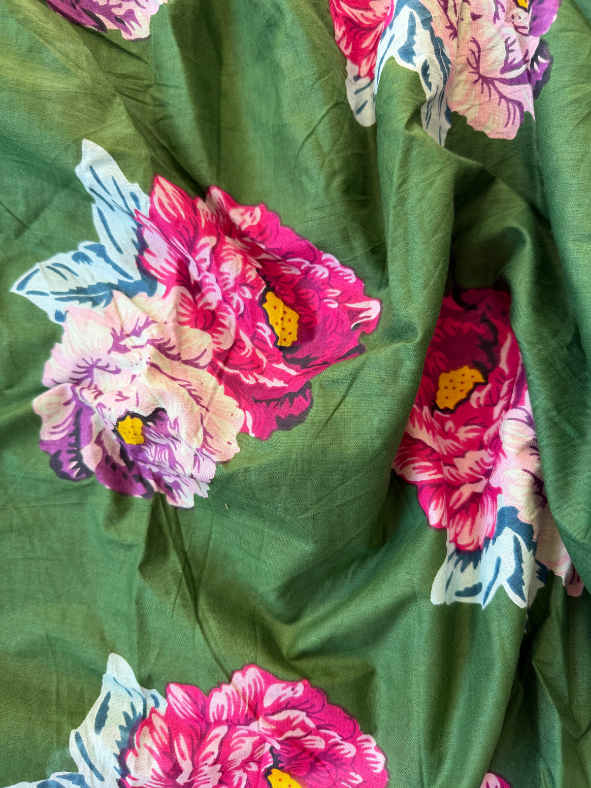100% Cotton Fabric – Green With Large Pink Flowers