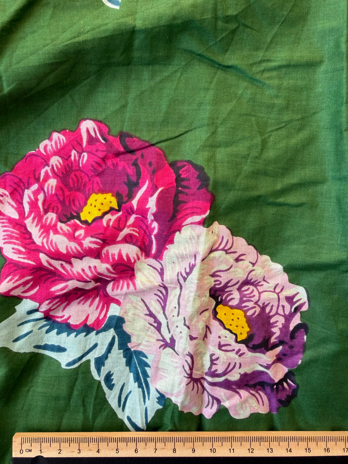 100% Cotton Fabric – Green With Large Pink Flowers