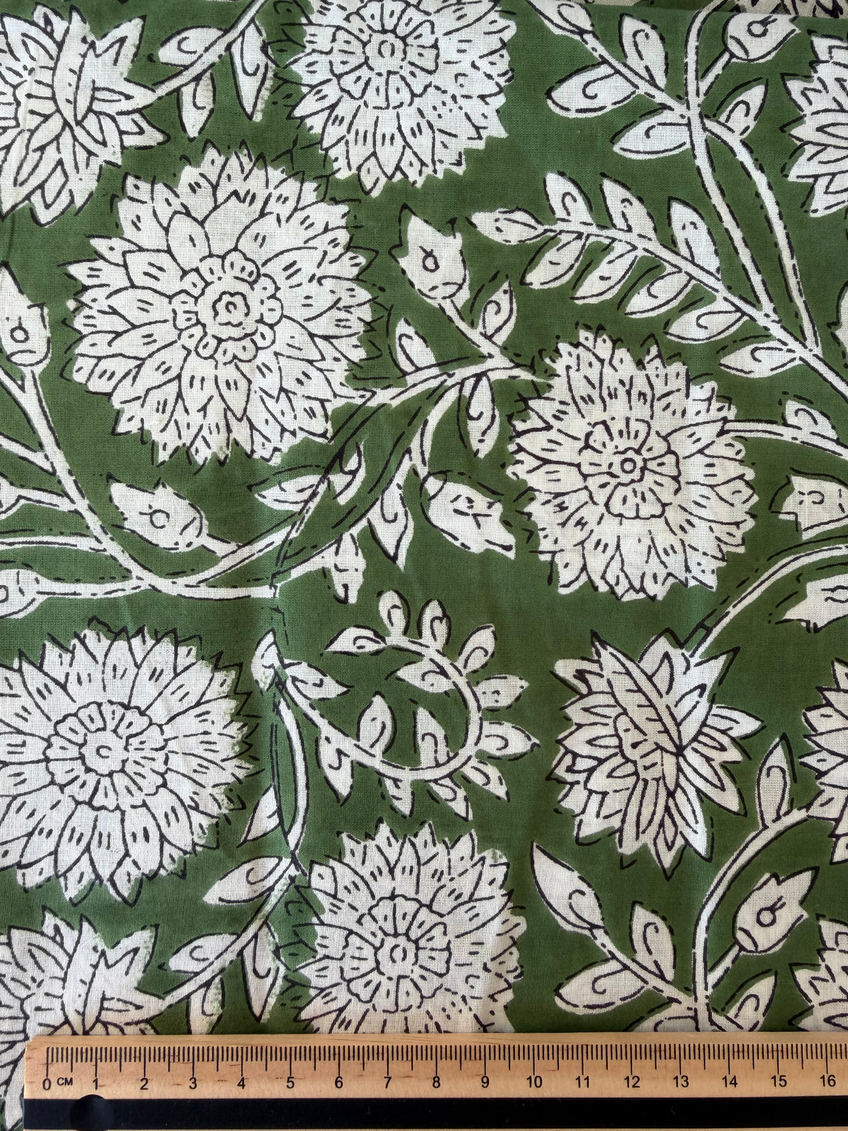 100% Cotton Fabric – Green With White Floral