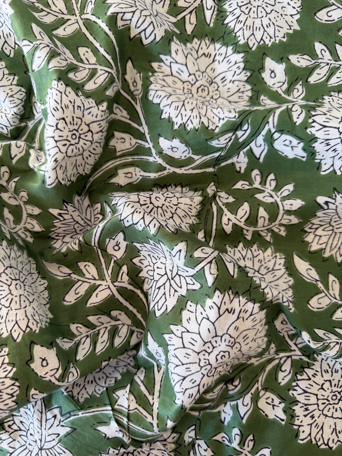 100% Cotton Fabric – Green With White Floral