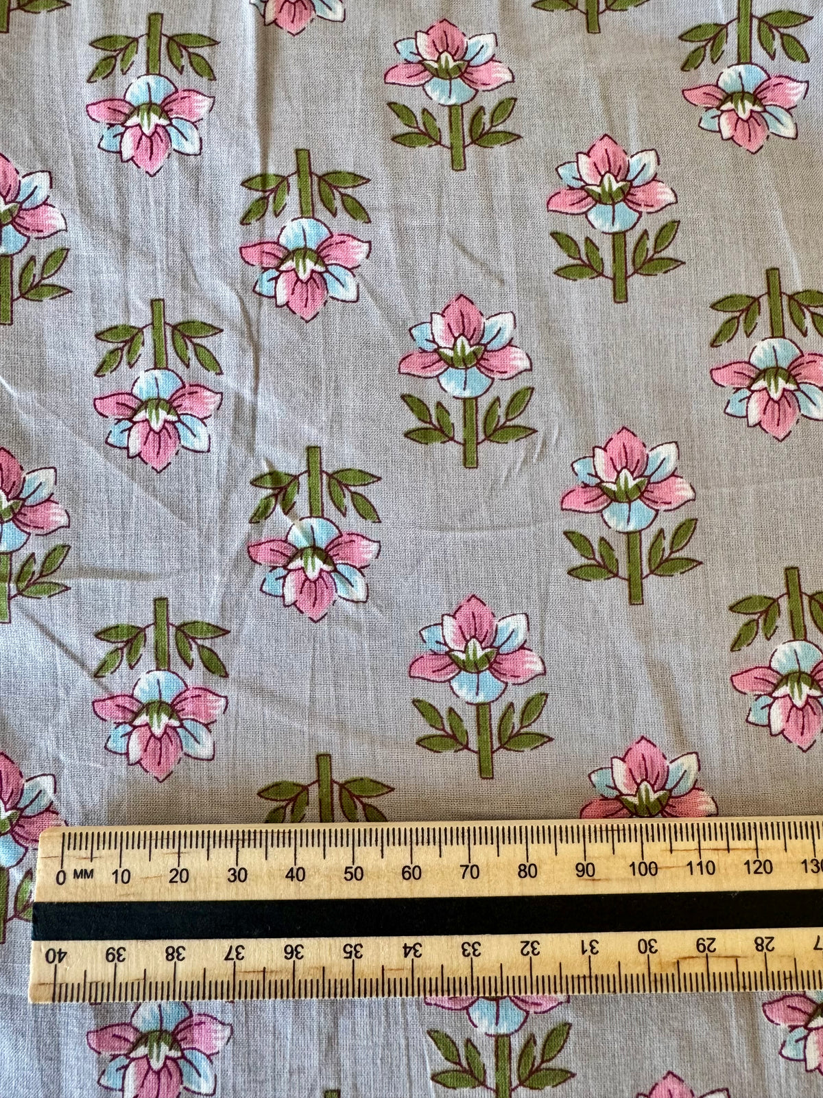100% Cotton Fabric – Grey With Pink & Turquoise Flowers