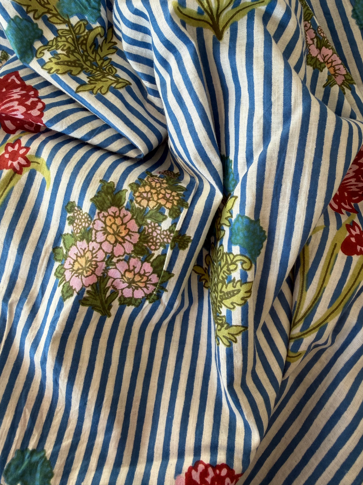 100% Cotton Fabric – Navy Stripe With Floral