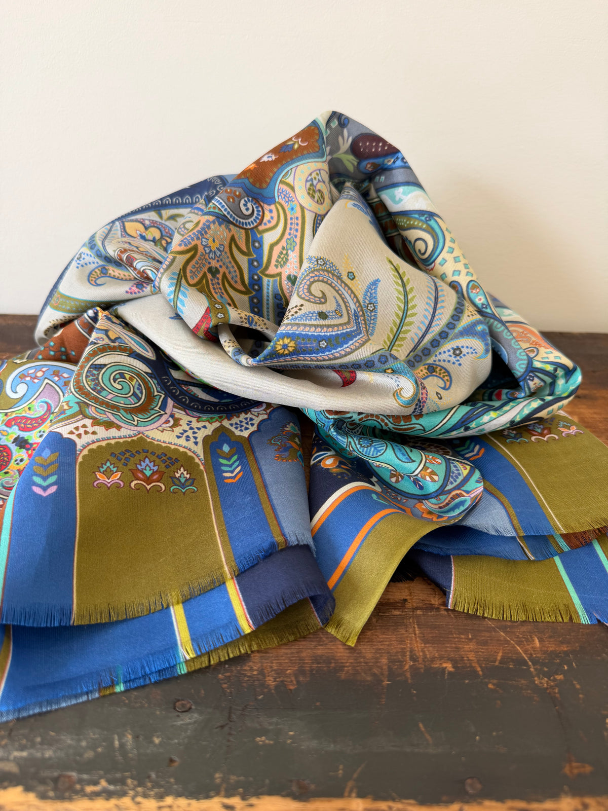 100% Silk Scarves – Blue & Brown Paisley Pattern