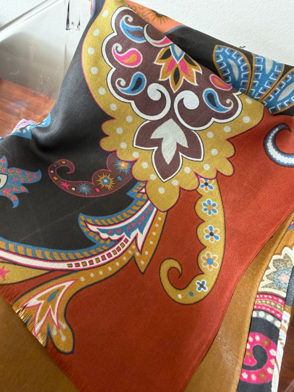 100% Silk Scarves – Blue & Brown Paisley Pattern