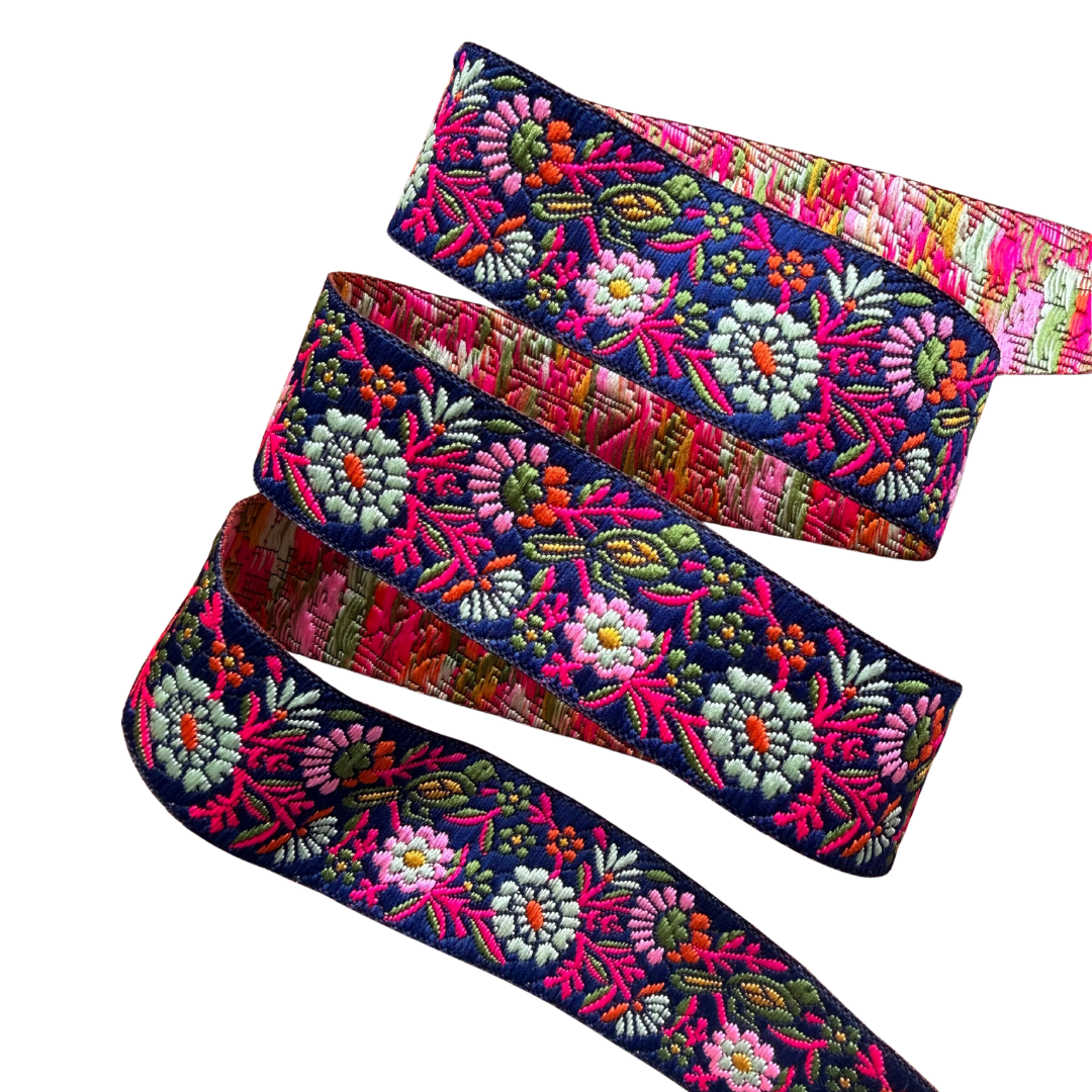 Ribbon – Dark Blue Pink Flowers