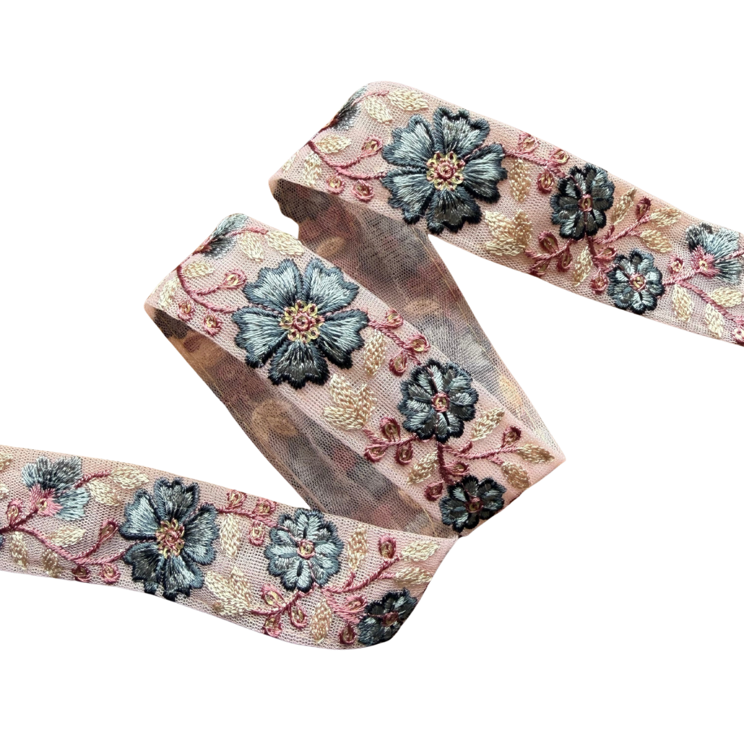 Dusty Pink Ribbon With Slate Blue Floral
