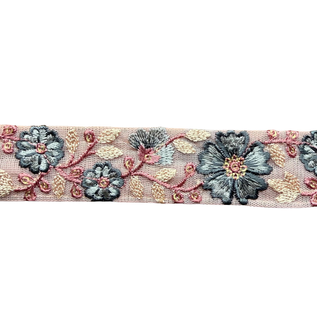 Dusty Pink Ribbon With Slate Blue Floral