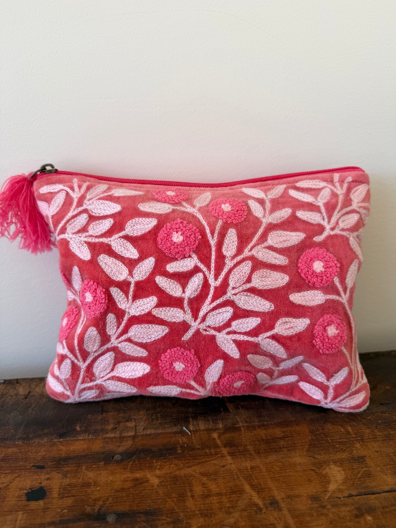 Large Velvet Purse - Pink Embroidered Floral