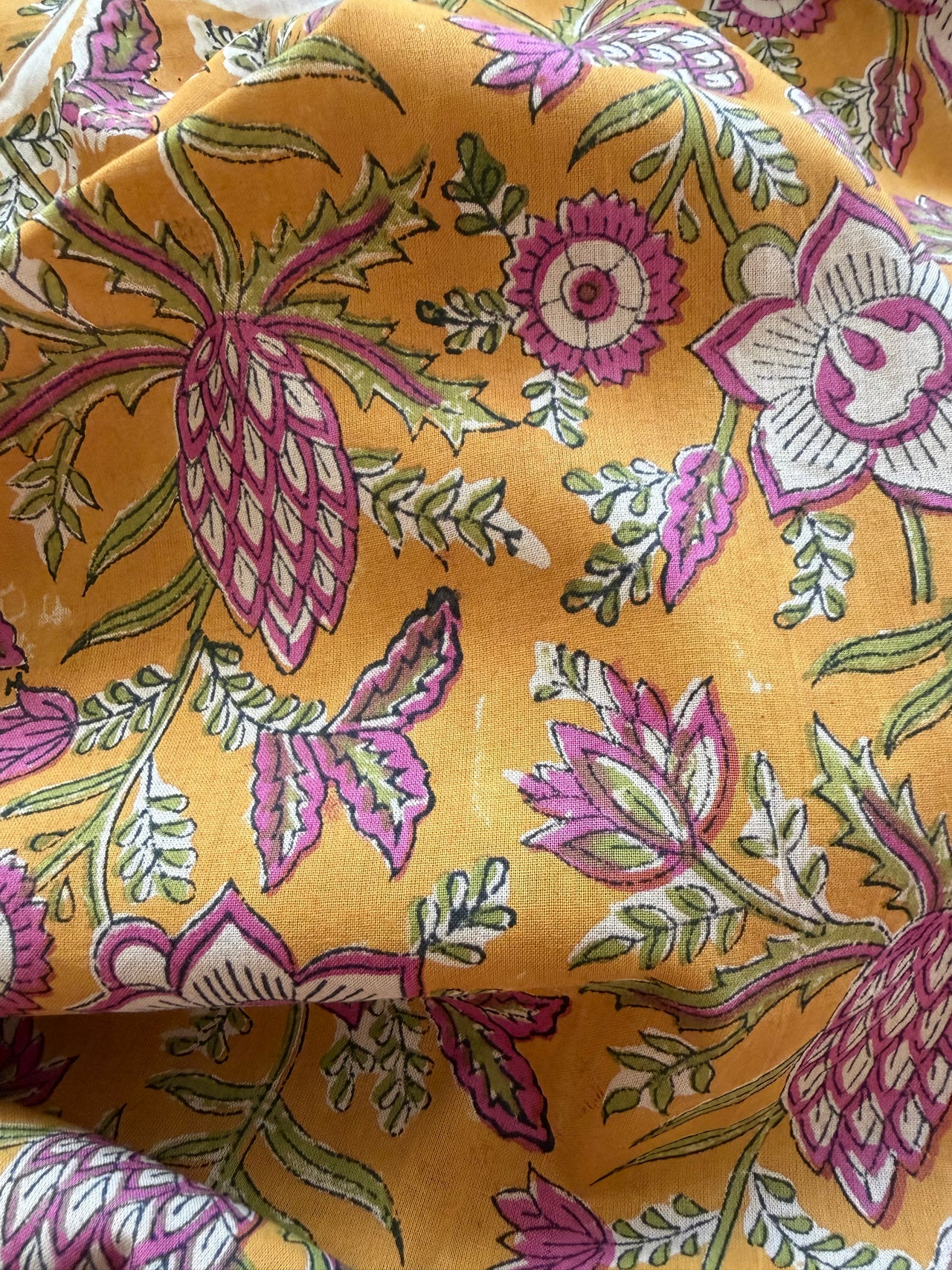 Block Print Cotton Fabric - Mustard Floral