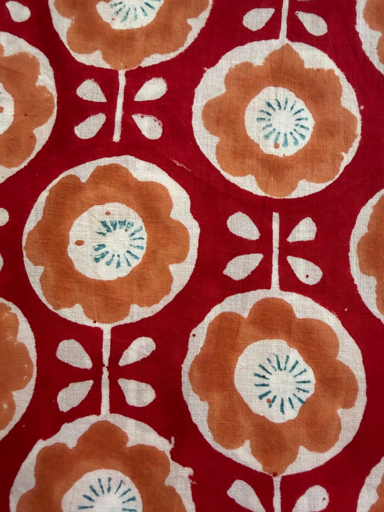 Block Print Cotton Fabric - Red & Orange Floral