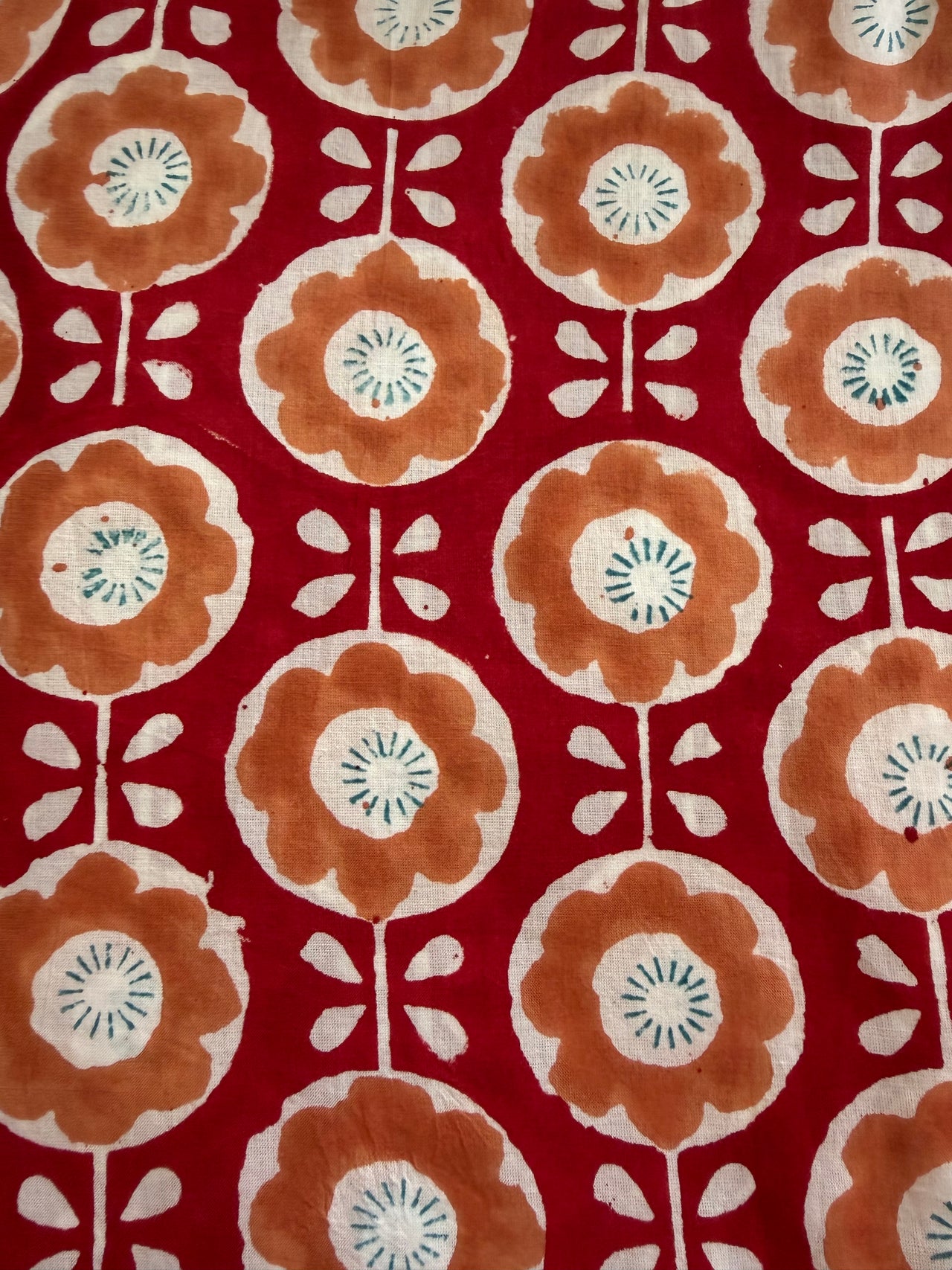 Block Print Cotton Fabric - Red & Orange Floral