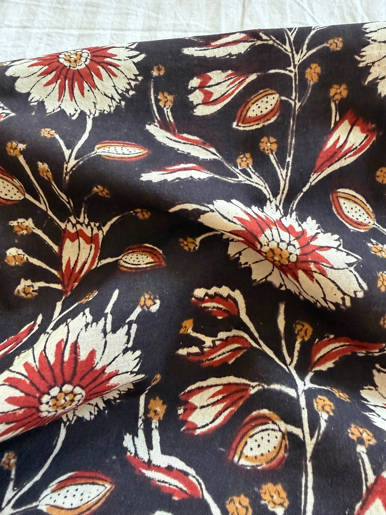 Block Print Cotton Fabric - Black Rust Floral