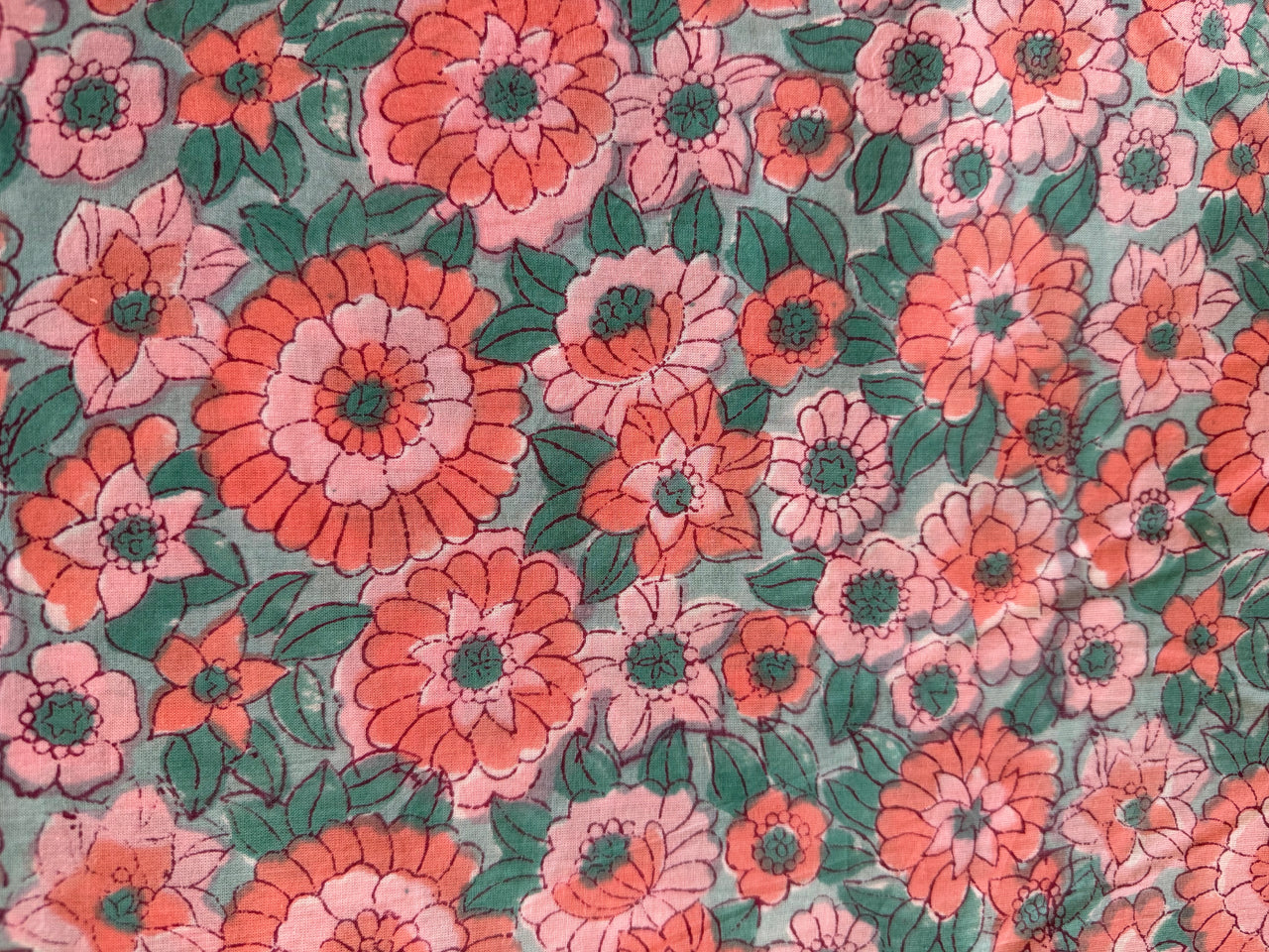 Block Print Cotton Fabric - Pink Green Floral
