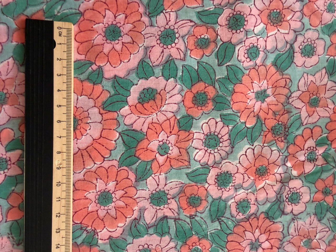Block Print Cotton Fabric - Pink Green Floral