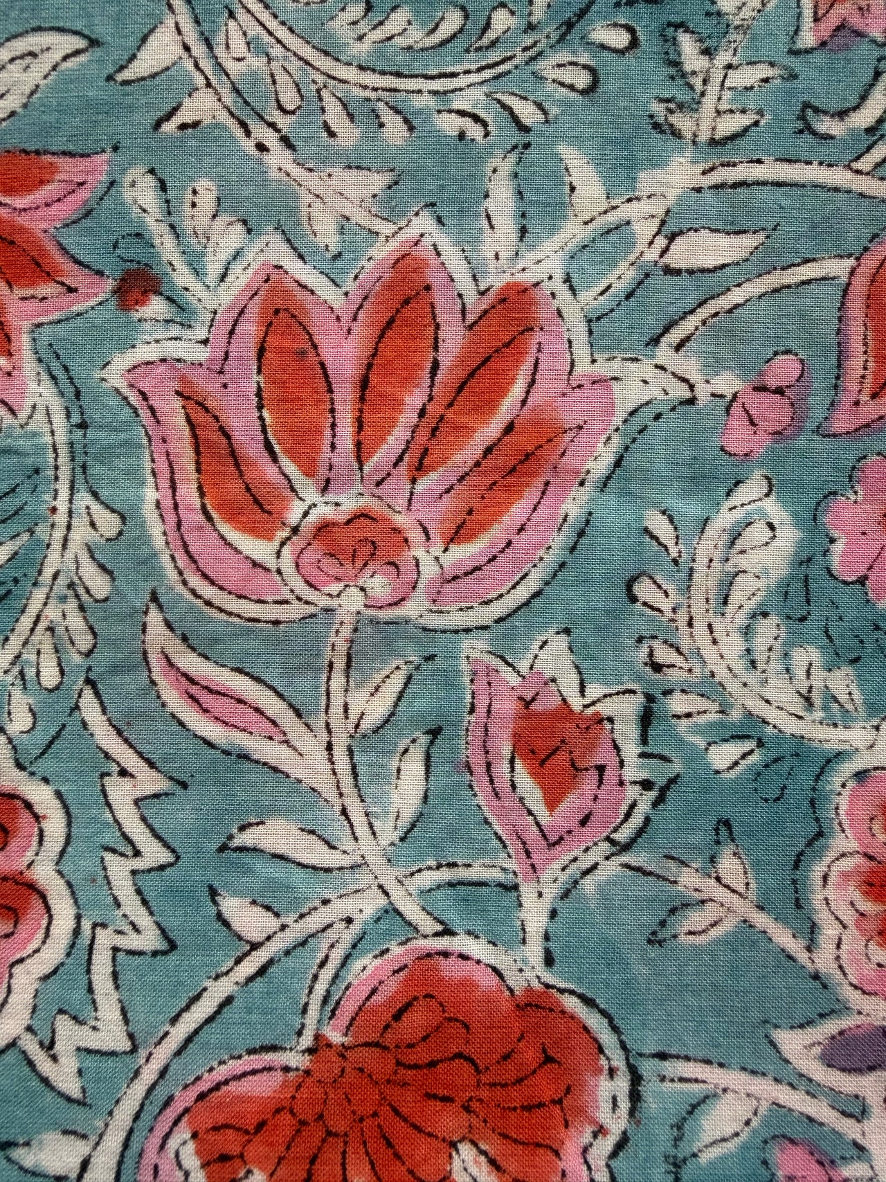 Block Print Cotton Fabric - Blue Orange Floral