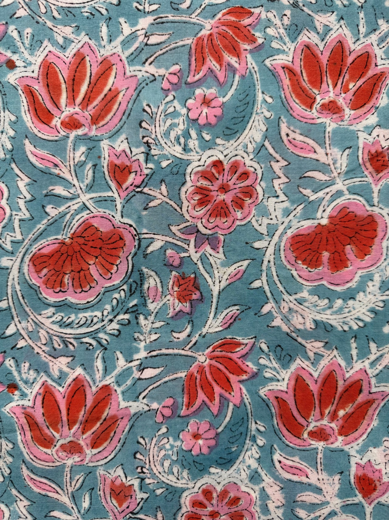Block Print Cotton Fabric - Blue Orange Floral