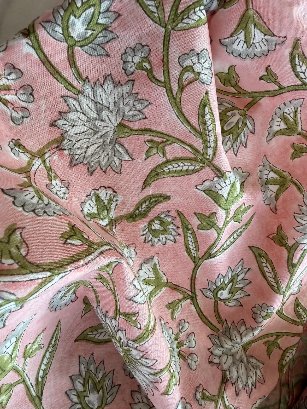 Block Print Cotton Fabric - Green White Floral
