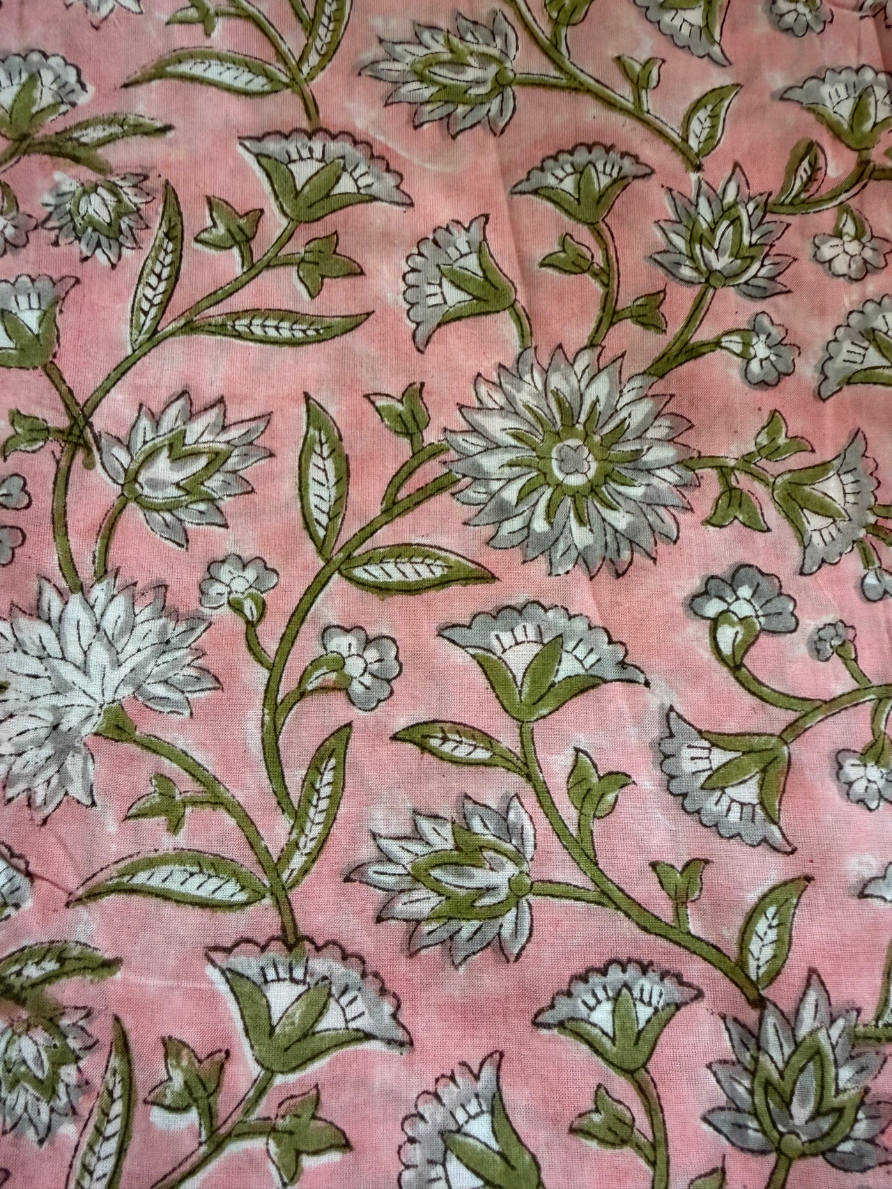 Block Print Cotton Fabric - Green White Floral