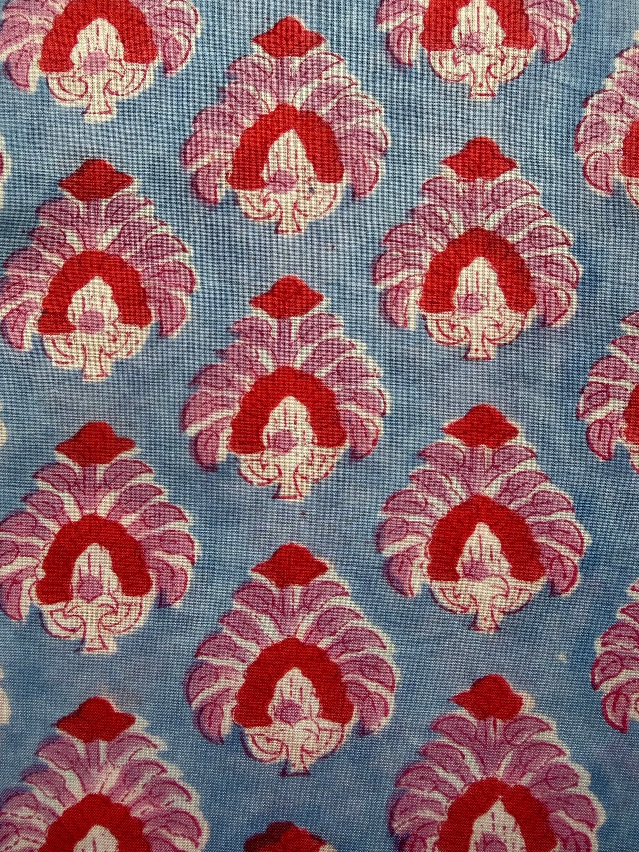 Block Print Cotton Fabric - Blue with Mauve