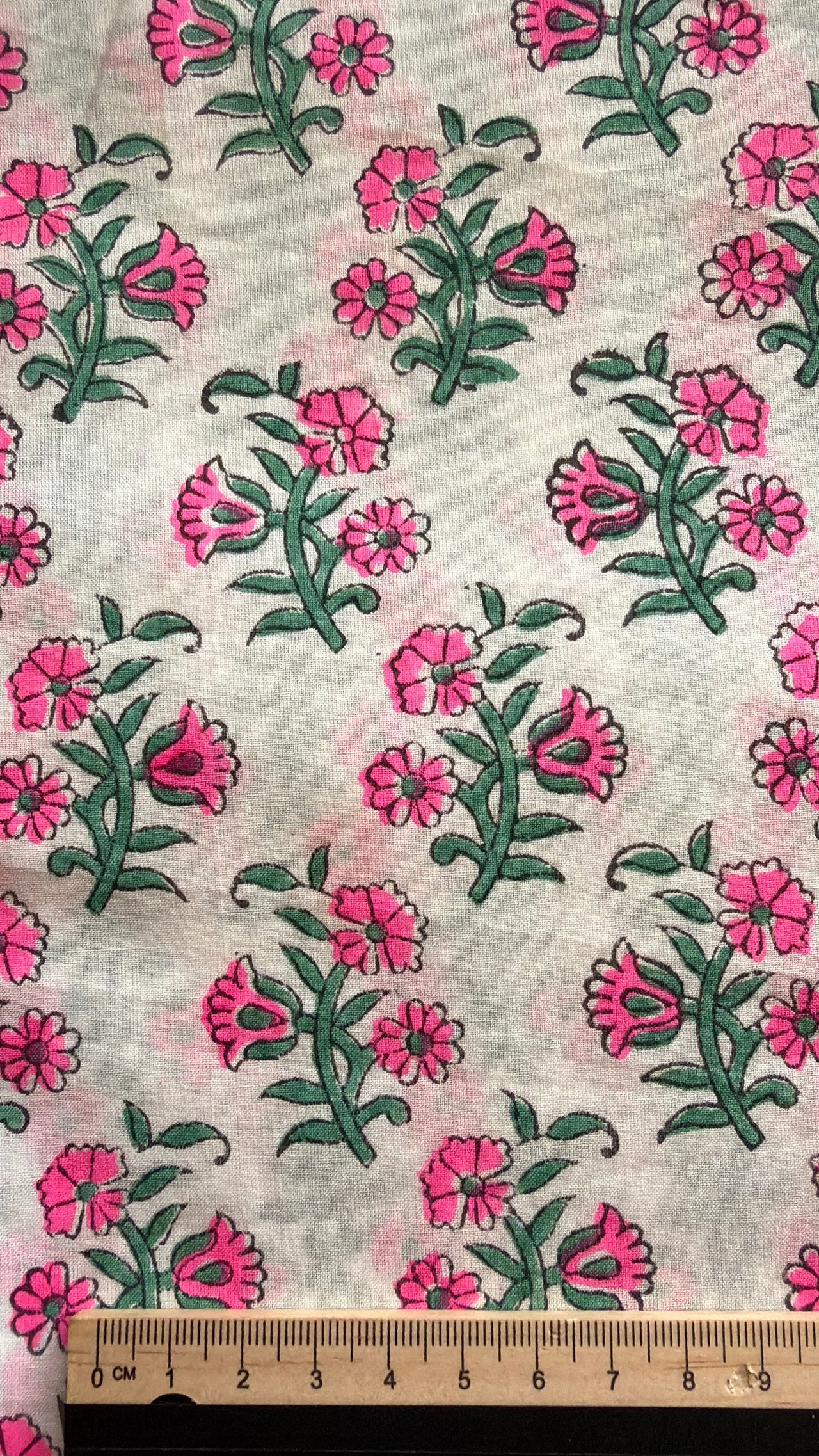 Block Print Cotton Fabric - Fluro Pink Floral on White