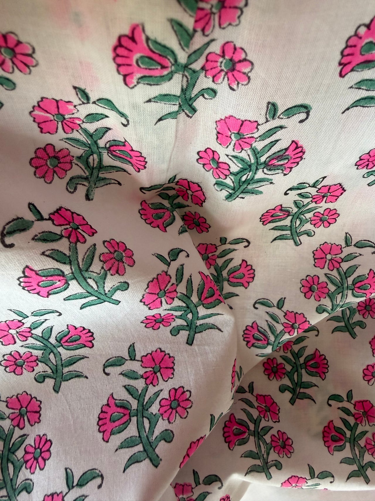 Block Print Cotton Fabric - Fluro Pink Floral on White