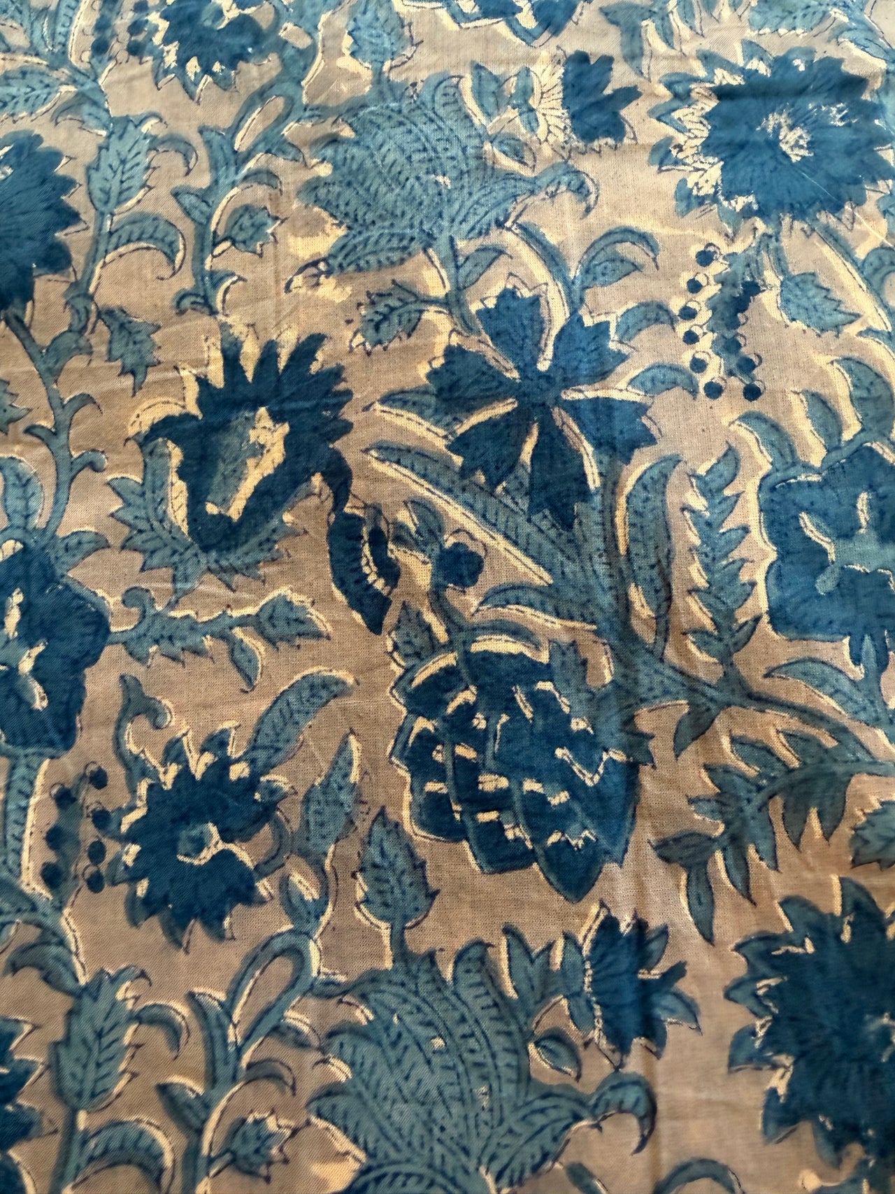 Block Print Cotton Fabric - Blue on Beige