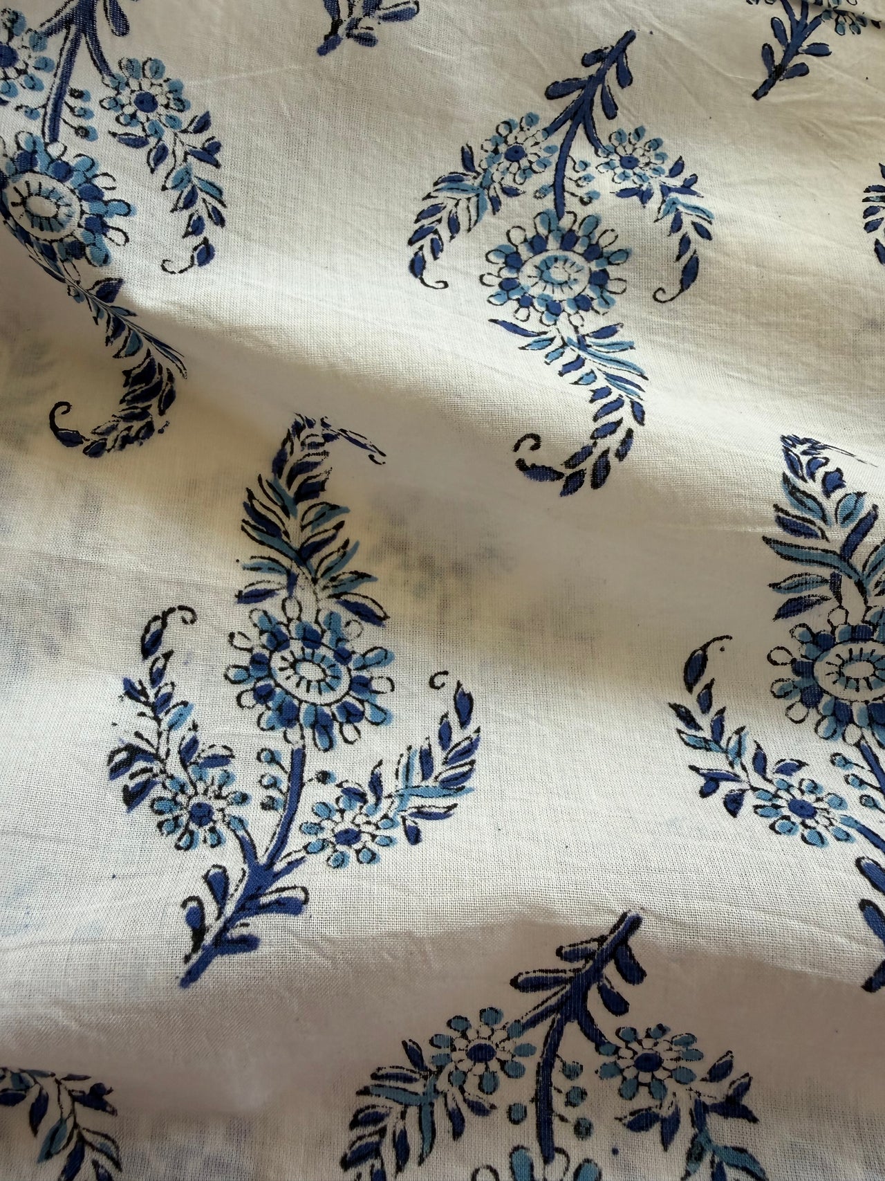 Block Print Cotton Fabric - Blue on White