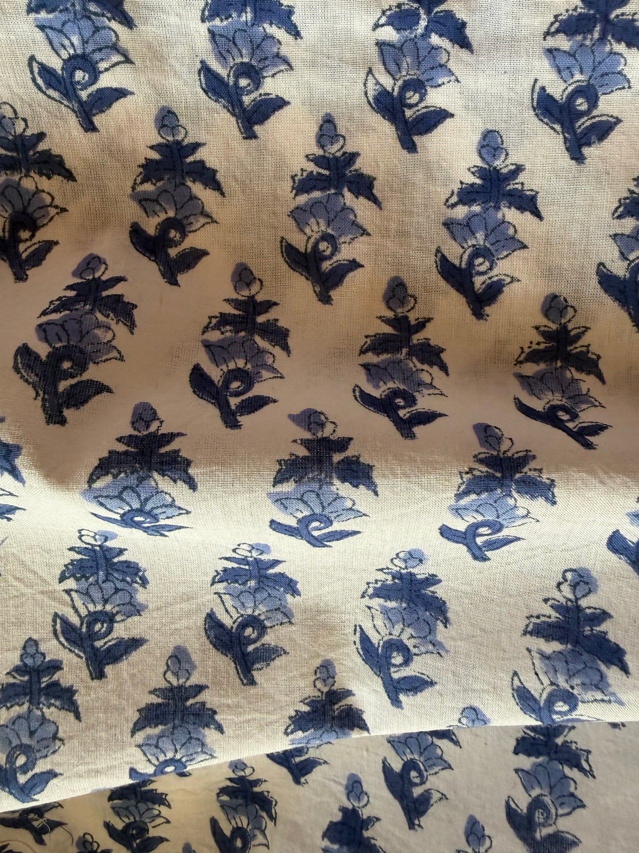 Block Print Cotton Fabric - Small Blue on White