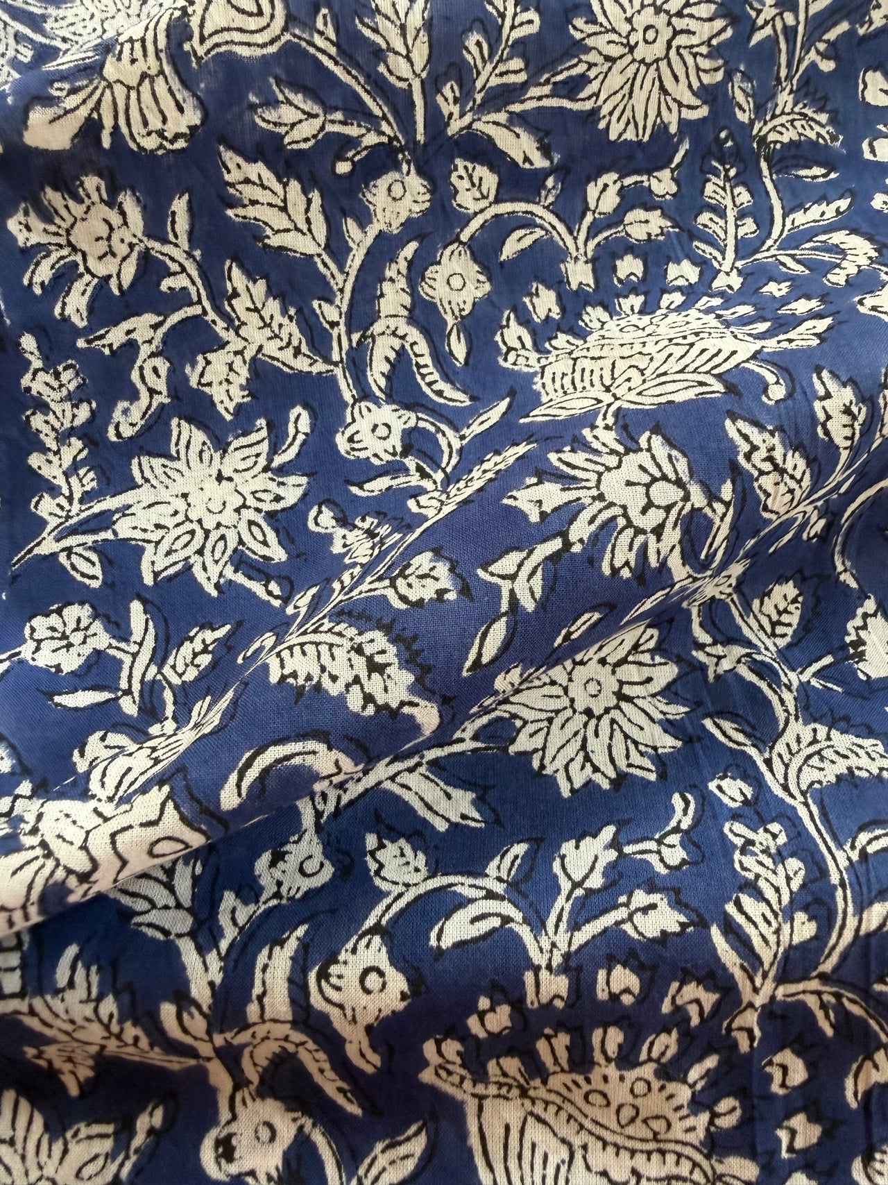 Block Print Cotton Fabric - White on Blue