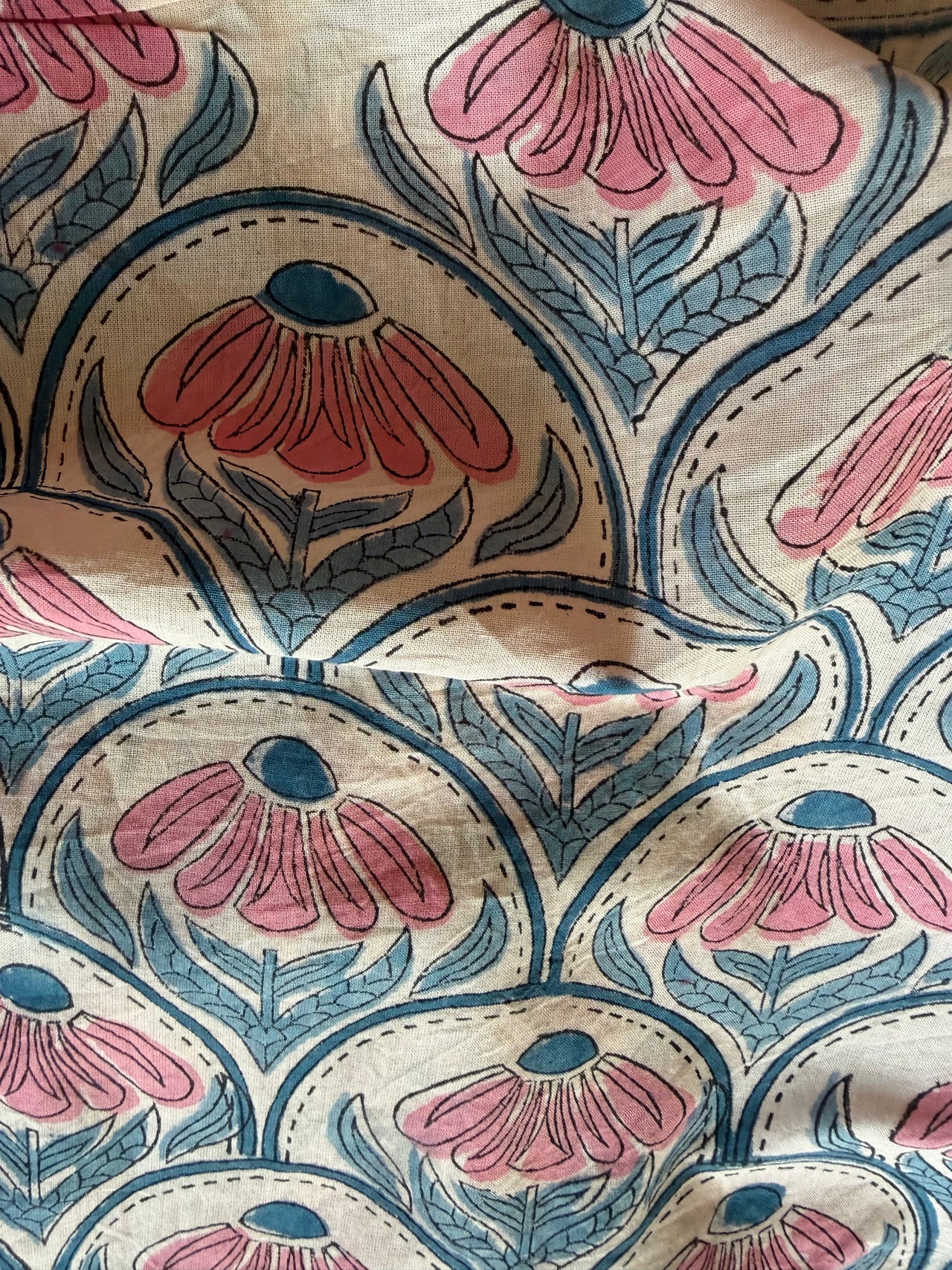 Block Print Cotton Fabric - Pink on Turquoise & Cream