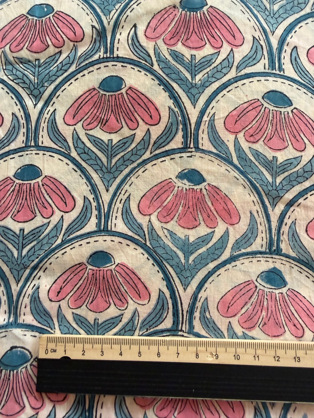 Block Print Cotton Fabric - Pink on Turquoise & Cream