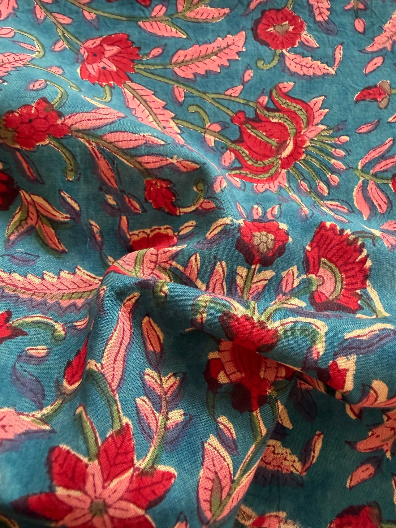 Block Print Cotton Fabric - Pink on Turquoise