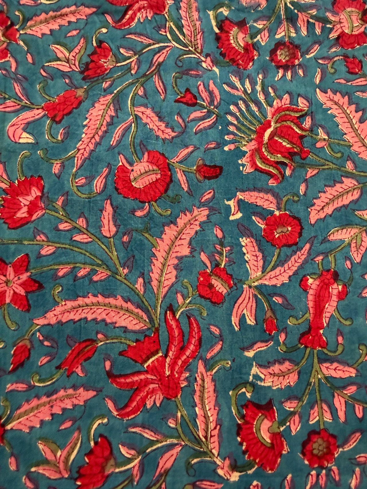 Block Print Cotton Fabric - Pink on Turquoise