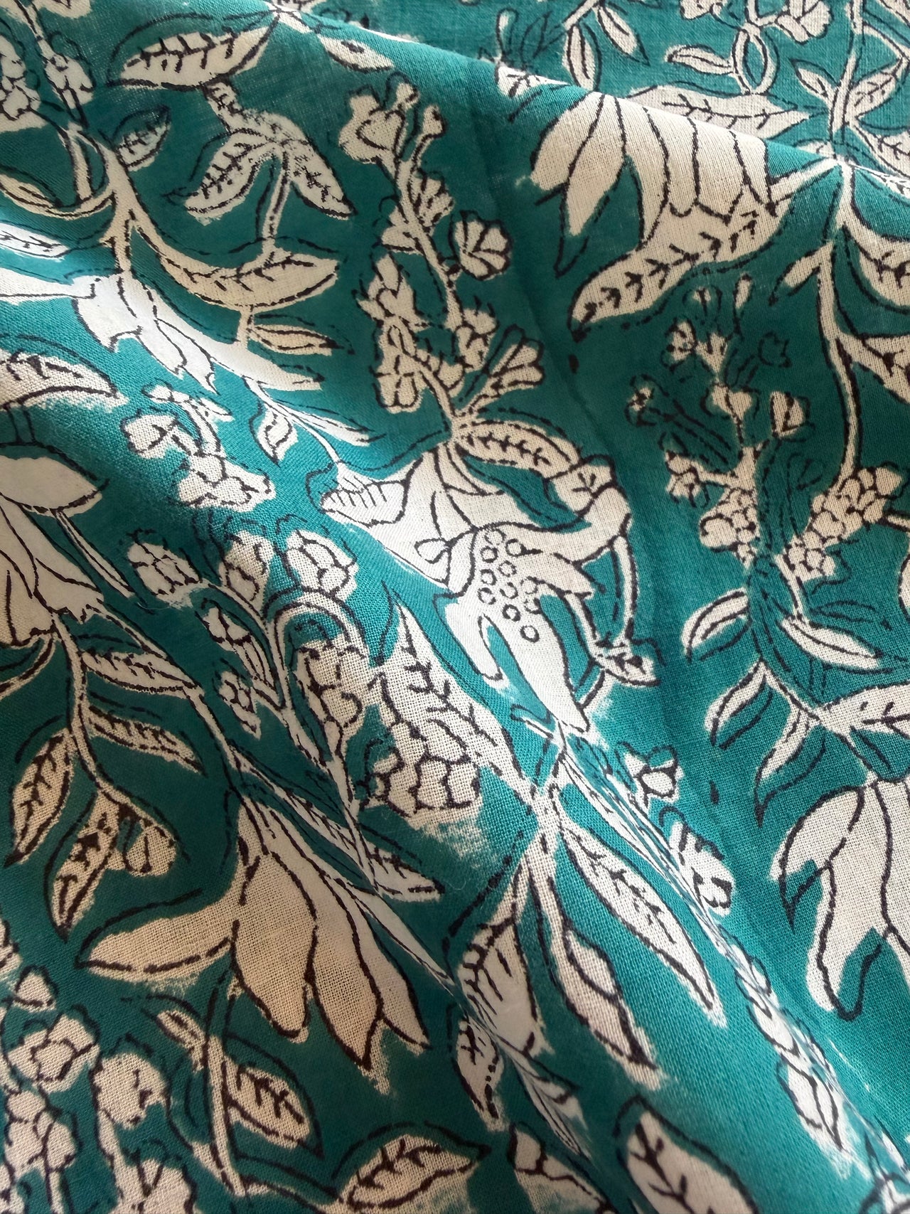 Block Print Cotton Fabric - White on Turquoise