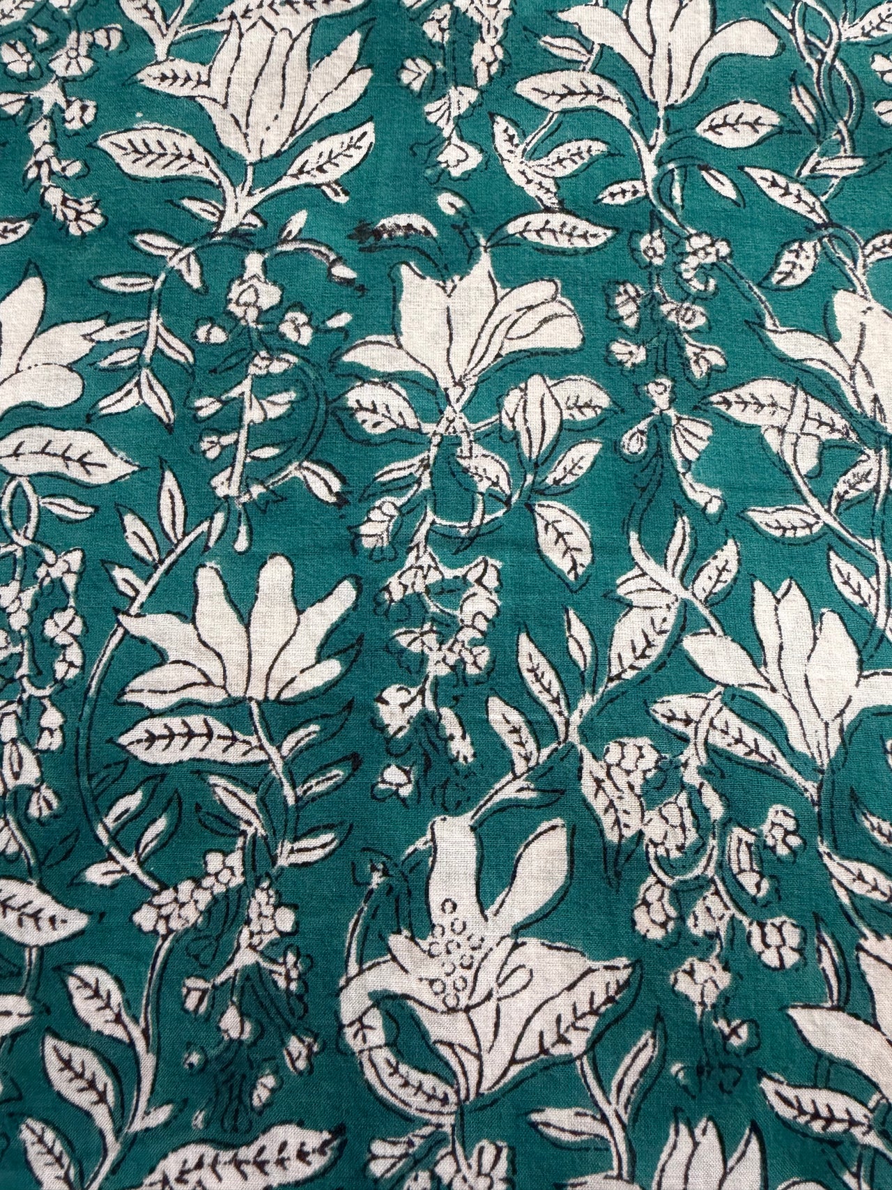 Block Print Cotton Fabric - White on Turquoise